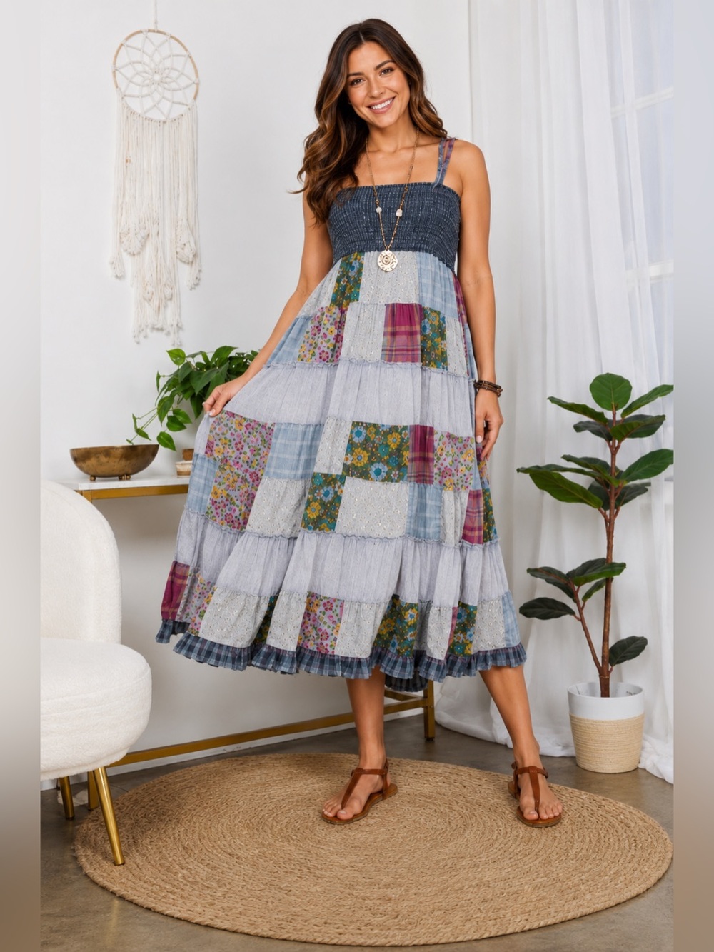 Young Threads Fair trade, recycled NWT Boho Patchwork Smocked sundress blue